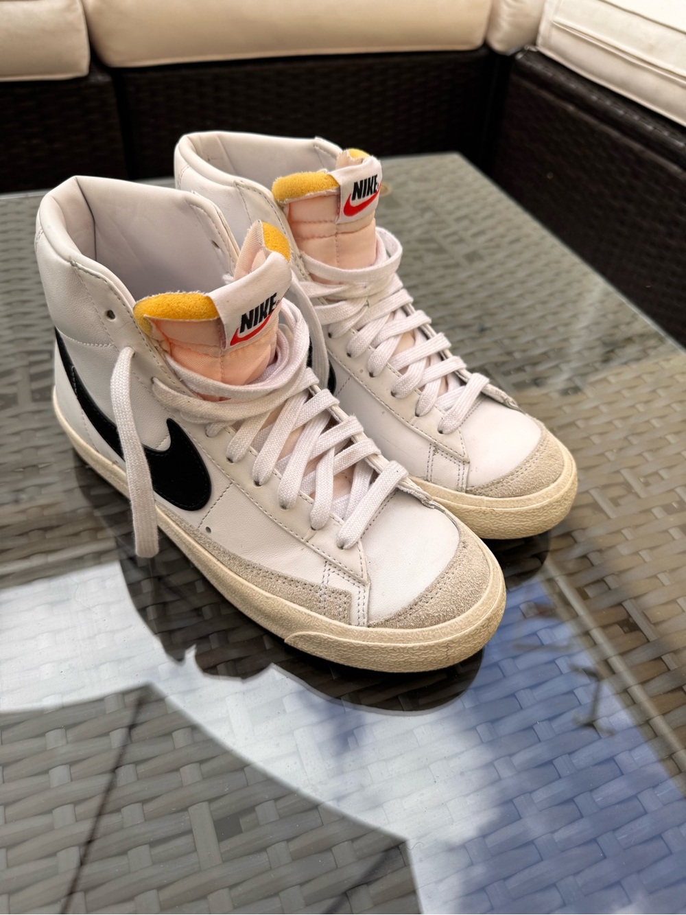 Nike Women’s White High-Top Sneakers with Black Swoosh and Yellow foam Tongue